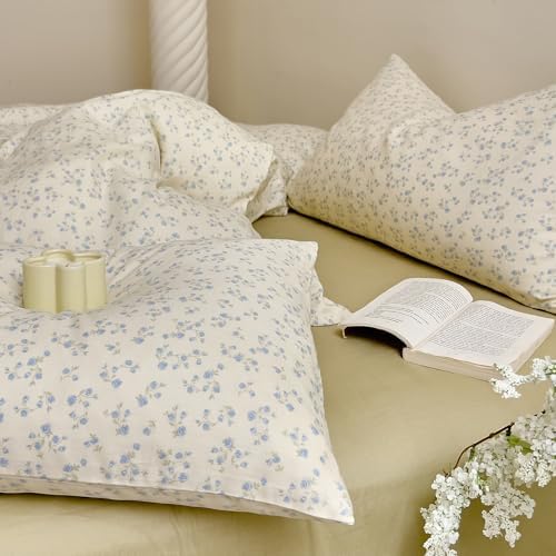 HighBuy Vintage Muslin Duvet Cover Set King,Blue Floral Print 100% Cotton Gauze Comforter Cover French Country Chic Floral Quilt Cover with 2 Pillowcases,3 Piece Soft Breathable Bedding Set