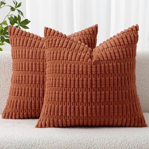 MIULEE Fall Corduroy Decorative Throw Pillow Covers 12x12 Rust Pack of 2
