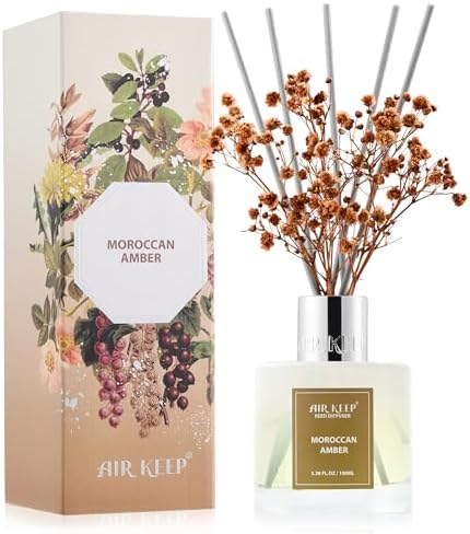 Airkeep Reed Diffuser Set,3.38 fl oz (100 ml) - Moroccan Amber Oil Diffusers with 8 Reed Sticks, Home Fragrance Reed Diffuser for Bathroom Shelf Decor