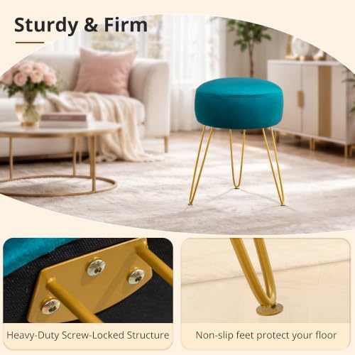 LUE BONA Vanity Stool, Teal Vanity Stools for Makeup Room, Round Ottoman Foot Stool, Velvet Footrest Vanity Chair for Bathroom Vanity, Bedroom, Living Room, Entryway, Offices, 300lbs