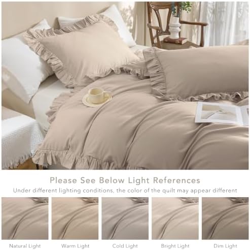 3Pcs Washed Cotton Ruffle Duvet Cover King Size,Beige Khaki Linen Like Shabby Farmhouse Vintage Boho Chic Comforter Cover French Country Rustic Ruffled Bedding Set Soft Breathable Quilt Cover Set