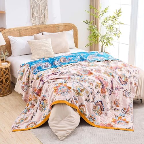 XIBLC Boho Throw Blanket for Bed, 100% Cotton Soft Rustic Quilt Fall Blanket, 80"x90" Floral Printed Farmhouse Decor Bed Blankets, All Season Rustic Reversible Bohemian Throw Quilt