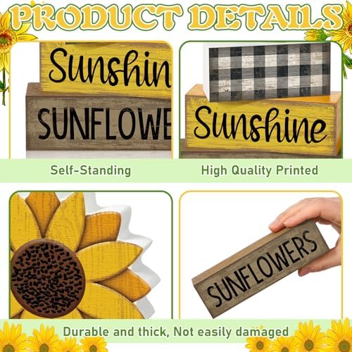 Yuntau 4 Pcs Sunflower Decorations, Wooden Block Sign Tiered Tray Decor