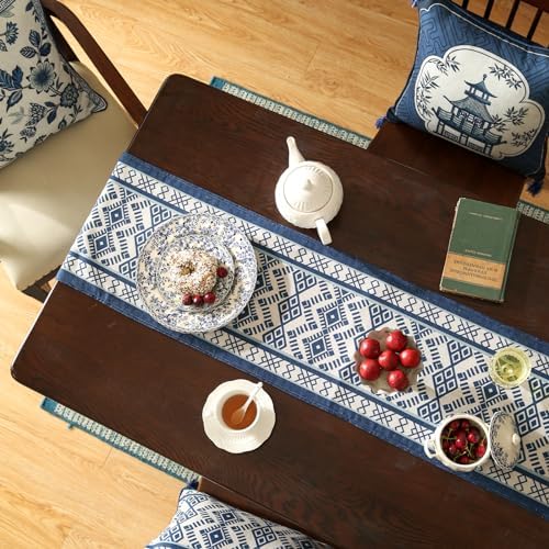 bilin gaier Chinoiserie Blue Stripe Cloth Runner for Table,Decorative Farmhouse Linen 87 Inches Long Table Runners,Decor Tabletop for Kitchen,Dining,Party,Home,Christmas,12"x87"