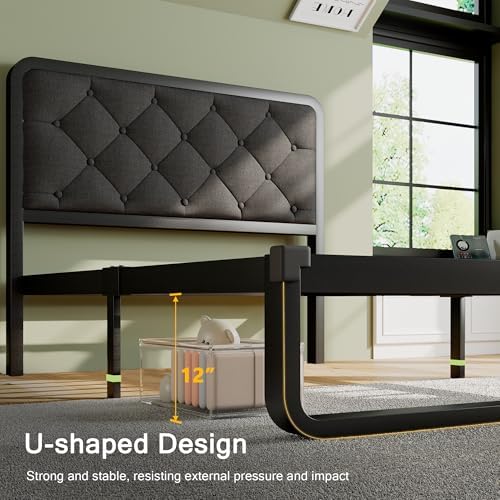 Einhomn Twin Size Bed Frame with Linen Tufted Headboard, Heavy Duty Metal Platform Bed Frame with U-Shaped Foundation, 12" Underbed Space, Noise Free, No Box Spring Needed, Easy Assembly, Dark Grey