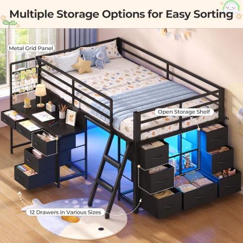 Low Loft Bed Twin Size with Desk, 12 Storage Drawers, Window, Black