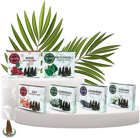 Trumiri Floral Incense Cones - Variety Pack - Total 60 Cone Incense (6 Scents x 10 Conos) - Rose, Lavender, Jasmin, Patchouli, Gardenia, Lily - Cone Incense Scents - Insense Cones - Incent Cone