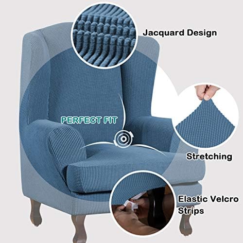 Turquoize Wingback Chair Covers 2 Piece Wing Chair Slipcover Stretch Slipcovers for Wingback Chairs Wing Chair Cover Spandex Jacquard Fabric with Elastic Bottom Non-Slip Furniture Cover, Dusty Blue