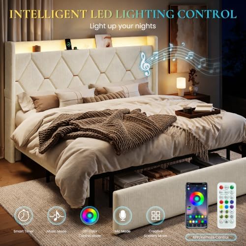SHA CERLIN King Size Bed Frame with Storage Drawer & LED Lights, White
