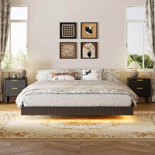 LYNSOM 3 Pieces King Bedroom Set, Floating Bed Frame with Smart LED Lights & Nightstand Set of 2, Fluted Bedroom Furniture Set for Home, Bedroom, Black