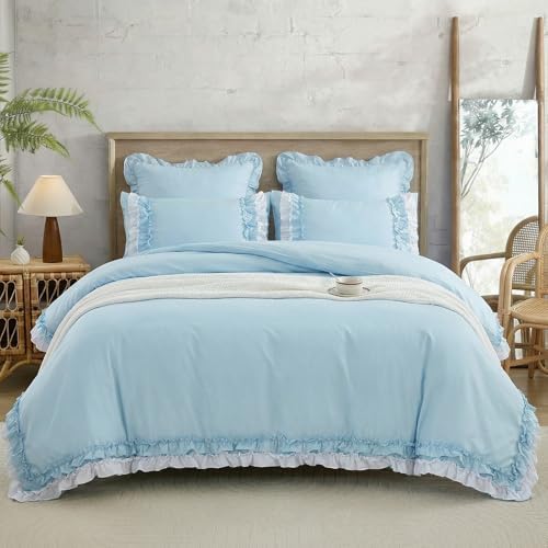 Bedrom Light Blue Duvet Cover Twin Ruffled Bedding Set Elegant Ruffle Lace Bedroom Decor Shabby Chic Farmhouse Style Blue Boho Duvet Cover Set