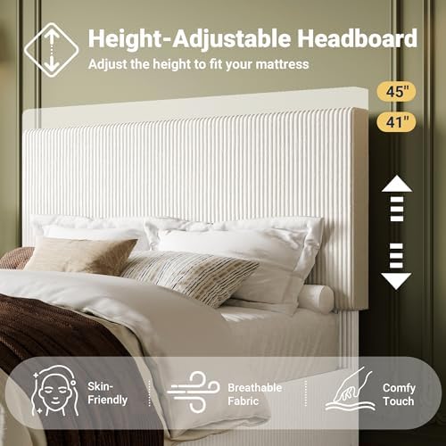 Allewie Full Bed Frame, Adjustable Corduroy Headboard, Platform, White