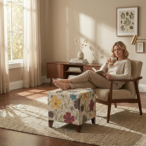 Joveco 16.3" Square Cube Ottoman Footrest, Modern Floral Linen Fabric Foot Stool with Solid Wood Legs, Decorative Upholstered Shoe Bench for Living Room, Bedroom & Entryway - Colorful Printing