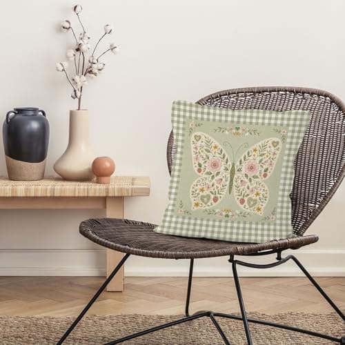 Cottagecore Floral Butterfly Throw Pillow Cover 18x18, Baby Girl Nursery Decorative Pillow Covers for Kids Toddler Girls Room Bedroom, Vintage Green Gingham Plaid Accent Pillows Cover Pillowcases