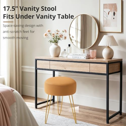 LUE BONA Vanity Stool, Mustard Yellow Vanity Stools for Makeup Room, Round Ottoman Foot Stool, Suede Footrest Vanity Chair for Bathroom Vanity, Bedroom, Living Room, Entryway, Offices
