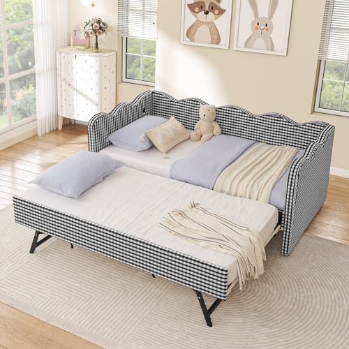 Twin Size Daybed with Pop Up Trundle, Linen Gingham Twin to King Daybed with USB Ports, Upholstered Day Bed Frame, Modern Sofa Bed for Living Room/Bedroom/Guest Room, No Box Spring Needed, Black