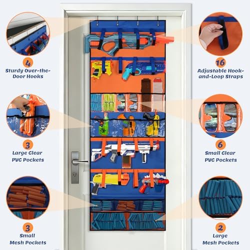 Toy Gun Storage Organizer, Over Door Hanging Rack with Clear Pocket