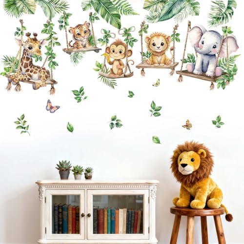 Jungle Animal Wall Decals for Baby: Animals Son Swings Nursery Room Decor with Peel and Stick Removable Vinyl Wall Stickers for Kids Bedroom Safe and Easy to Apply - Ages 0-12 Years