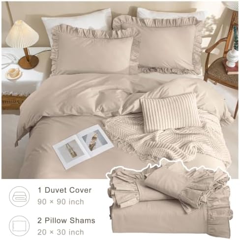Beige Khaki Ruffle Duvet Cover Queen Size Washed Cotton,3Pcs Linen Feel Farmhouse Shabby Vintage Boho Chic Ruffled Bedding Set French Country Rustic Comforter Cover Aesthetic Soft Quilt Cover Set