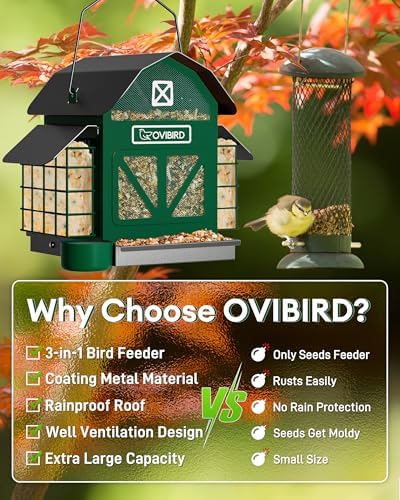 Bird Feeders for Outdoors Hanging, 5LBS Large Bird Feeder with 2 Suet Cage, Red Barn Metal Birds Feeder for Outside, Weather Resistant Cardinal Feeders, ldeal Birds Watching Gifts (Green)