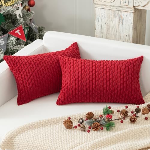 Kevin Textile Soft Corduroy 12"x20" Lumbar Pillow Covers 2 Pack, Burgundy