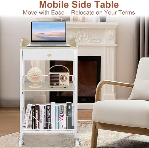 4-Tier Small Side Table with Wheels & Drawer, White & Natural