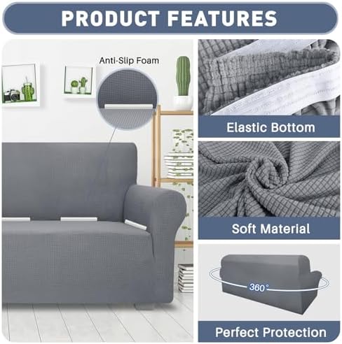 JIVINER High Stretch Loveseat Sofa Slipcovers 1-Piece Jacquard Couch Covers for 2 Cushion Couch Furniture Protector Washable Sofa Covers for Kids Pets Small Checks (Loveseat, Light Gray)