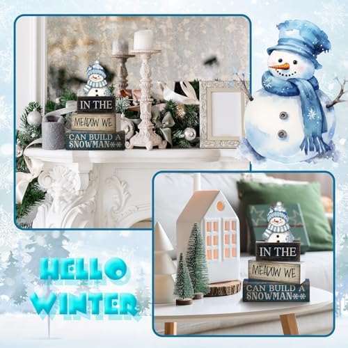 Yuntau 4 Pcs Winter Table Decoration Blue Snowman Decor Wooden Block Sign