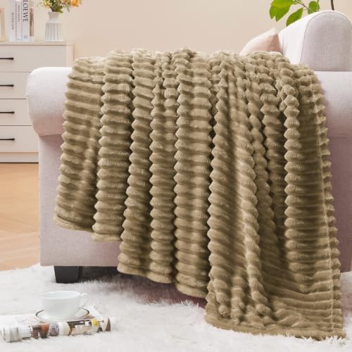 BEDELITE Ribbed Jacquard Brown Fleece Throw Blanket for Couch, 50x70 Inch