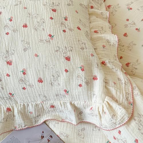 Red Flower Duvet Cover Set Muslin Cotton Full(80"x90"),Rabbit