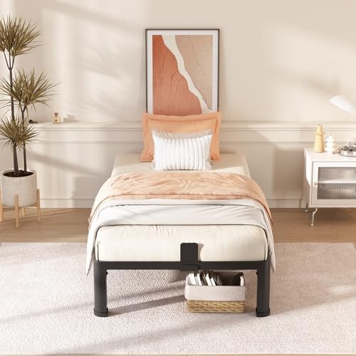 10 Inch Twin Bed Frame with Rounded Corner and Headboard Hole Mattress Retainers 3500 LBS Metal Heavy Duty Steel Slats Support No Box Spring Needed Platform Noise Free Easy Assembly