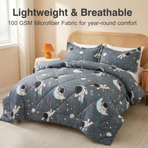 JSD 3 Piece Grey Astronaut Space Theme Kids Comforter Set Queen Size