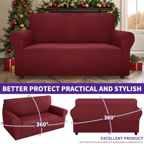 ZNSAYOTX Super Stretch Couch Cover Love Seat Sofa Covers for Living Room Dogs Pet Friendly Furniture Protector Spandex Loveseat Slipcovers with Anti Slip Foam Sticks (Wine Red, Loveseat)