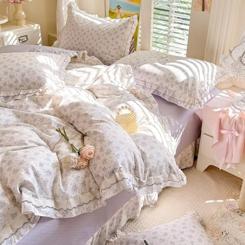 Cotton Floral Duvet Cover King Size 3 Pcs,Ruffled Bedding 104"×90"