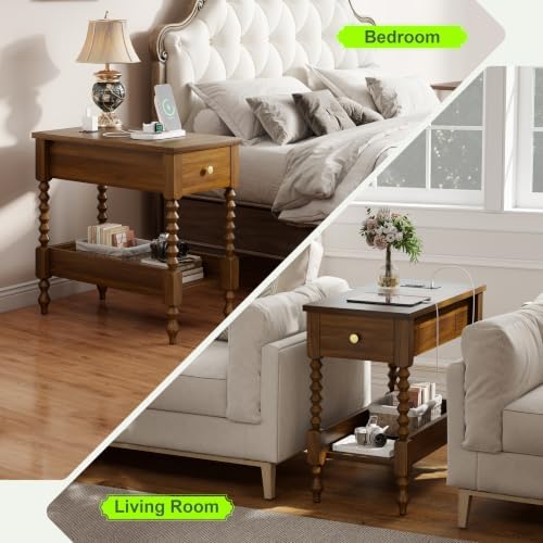 YOSHOOT Farmhouse End Table with Charging Station - Narrow Side Table for Living Room Bedroom Small Space, Wood Nightstand with Drawer and Power Outlets, Walnut