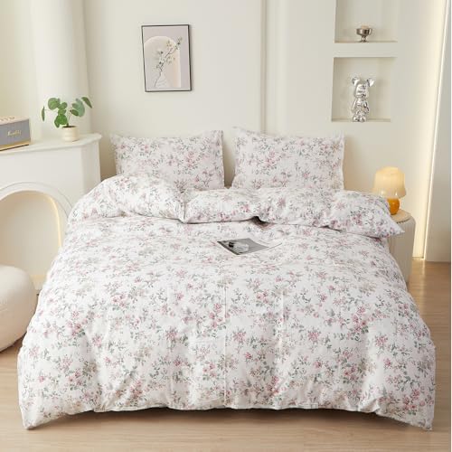 HighBuy Queen Size Garden Floral Pattern Duvet Cover Set for Women Girls,100% Cotton Bedding Set Pink Flowers Vintage Comforter Cover with 2 Pillowcases,Lightweight Soft