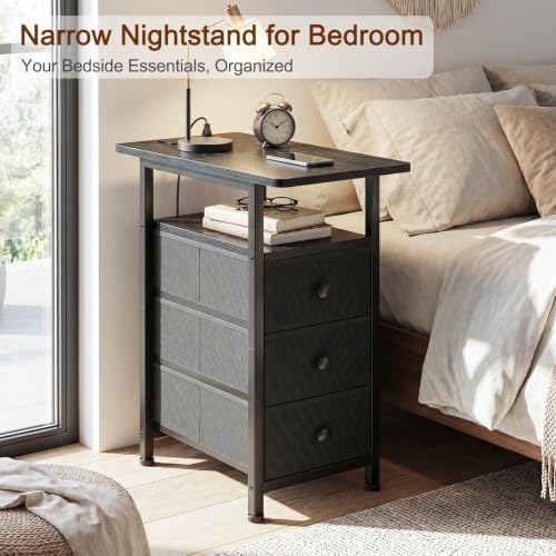 LOAKEKEL Narrow Side Table, Small End Table with Charging Station