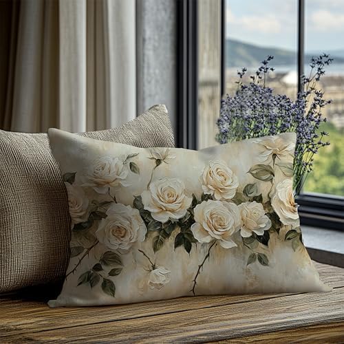 French Country Rose Floral Pillow Cover 12x20 Double-Sided, Vintage Cream Flower Decorative Lumbar Throw Pillow Cover for Home Bedroom Living Room