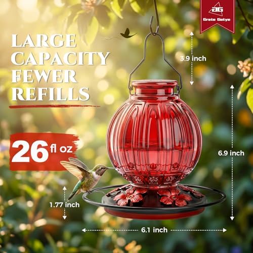2 Pack Glass Hummingbird Feeder for Outdoors Hanging, Bird Nectar Feeder with Perch & 5 Flower Feeding Ports, 26 Oz Leak Proof for Outside Garden Decor Backyard, Gifts for Women Mom, Red + Green Blue