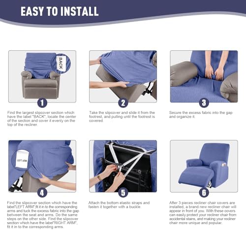KinCam Recliner Covers, Stretch Reclining Chair Covers, Recliner Sofa Slipcovers Stripe Jacquard Recliner Couch Covers Furniture Protector Covers for Pet Kid (1 Seater, Lake Blue)