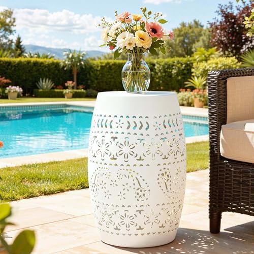 18" Cutout Metal Outdoor Side Table, Modern Drum Accent Table,White