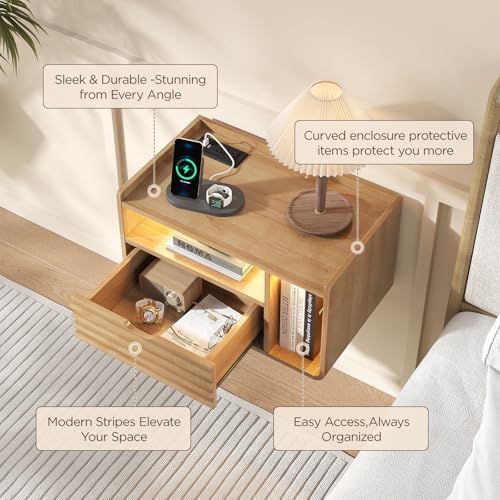 Maupvit Wood Floating Nightstand Set of 2, Wall Mounted Night Stand with Drawer and Charging Station, Bedside Table with Open Shelf, Led Nightstand for Bedroom, Easy Assembly