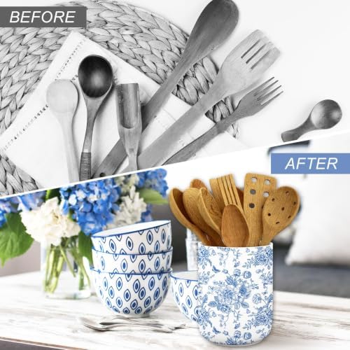 JarThenaAMCS Blue Floral Ceramic Utensil Holder Chinoiserie Kitchen Decor