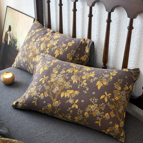 BuLuTu Jacquard Textured Muslin Duvet Cover Set King, Cottage Comforter Cover Yellow Floral, Ultra Soft Breathable Yarn-Dyed Cotton Quilt Cover with 2 Pillow Cases, 104"x90", All Seasons