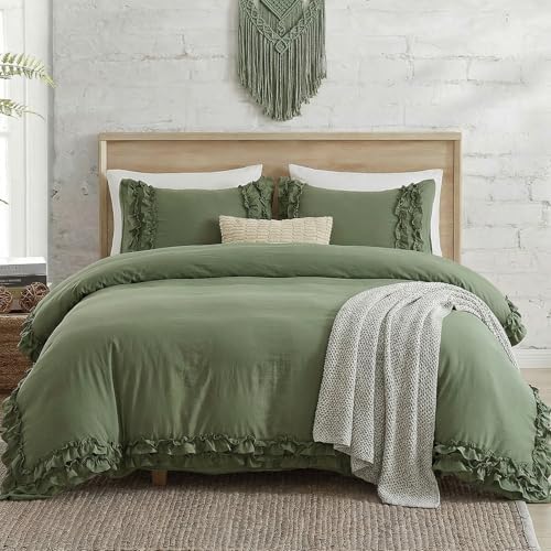Avocado Green Duvet Cover Ruffled Bedding Set Pleated Ruffle Fringe Shabby Chic Bedding Twin Size Super Soft Cozy Boho Bedroom Bedding for All Season