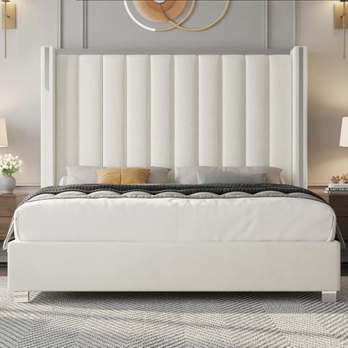 Jocisland Queen Upholstered Bed Frame with 58" Tall Headboard, Cream