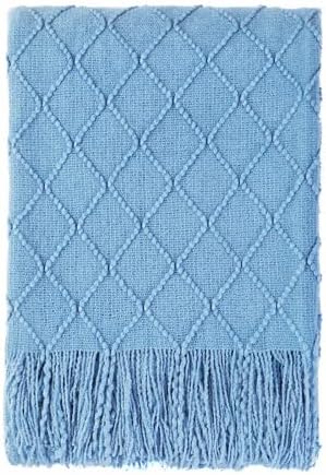 BOURINA Blue Throw Blanket 50x60 Inch Boho Knitted Soft Throw Sofa Blanket