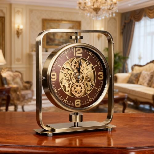 Moving Gears Desk Clock, Mantle Clock, Industrial Steampunk Art Decorative Clocks for Living Room Farmhouse Offcie, Christams Gifts Ideas for Father Boss Senior Friend (12.1inch Bronze Arabic)