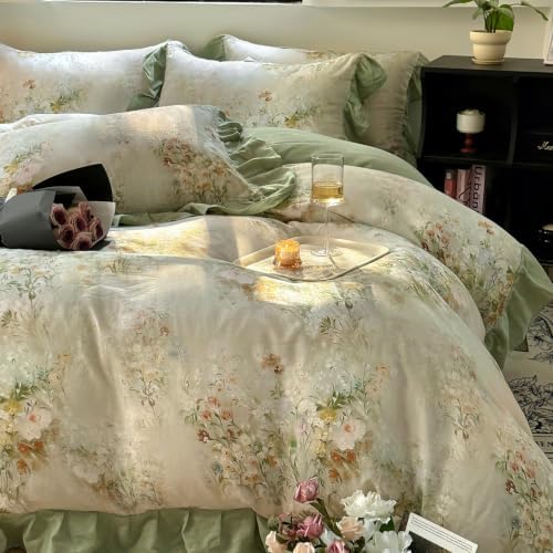 Romantic Ruffle Floral Duvet Cover Set Twin Sage Green