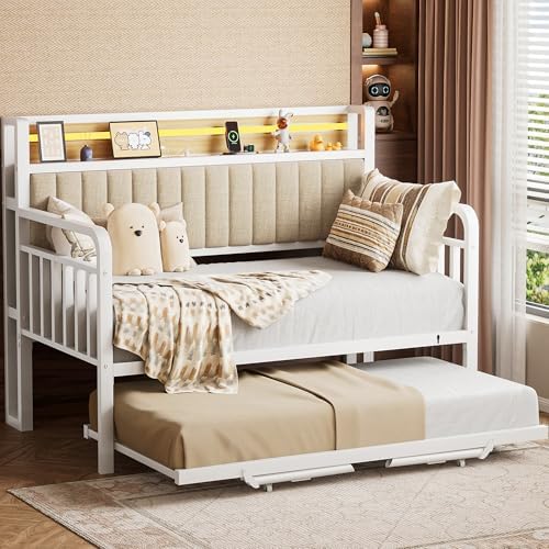 Daybed with Trundle and LED Light, Heavy Duty Metal Twin Bed Frame with Upholstered Storage Headboard & Charging Station, Day Bed Pop Up Trundle Bed Twin for Living Room,Bedroom and Guest Room, White